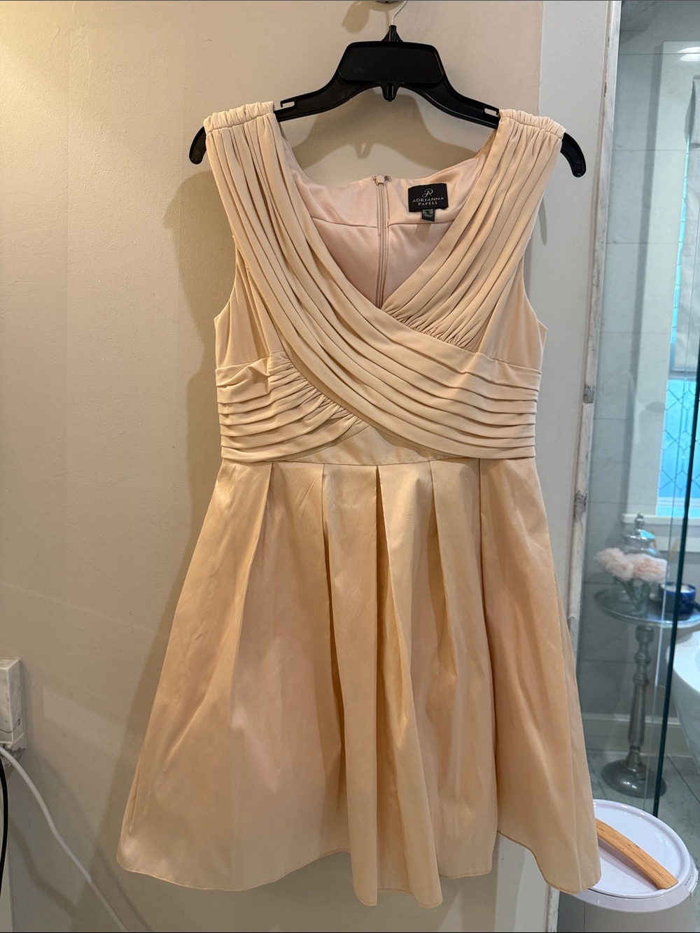 Adrianna Papell Pleated V-Neck Mini Dress in Blush Champagne